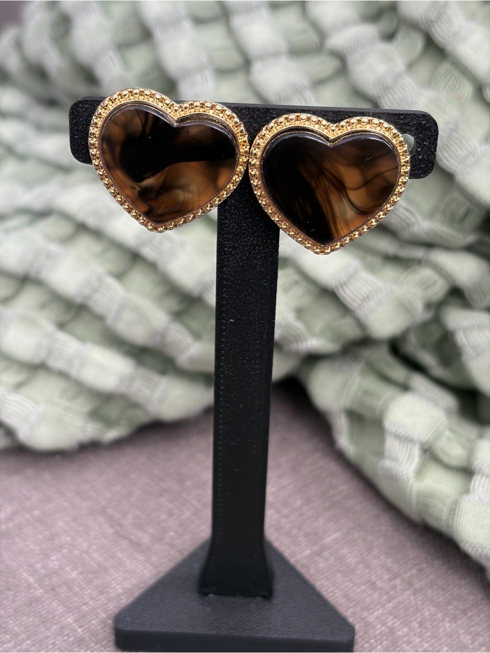 Gold Tone Heart Clip-On Earrings with Tortoiseshell Centers